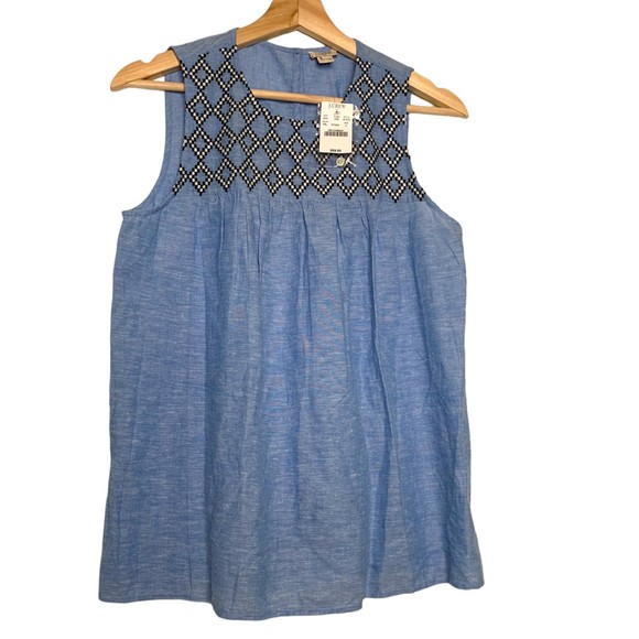 J Crew Embroidered Chambray Shirt Women's Blue Linen Blend Boho Sz 4 NWT - Picture 1 of 10
